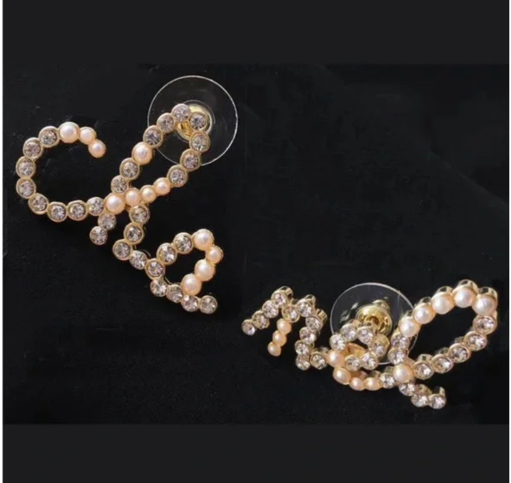 Cha nel Gold, Rhinestone Pearl Earrings